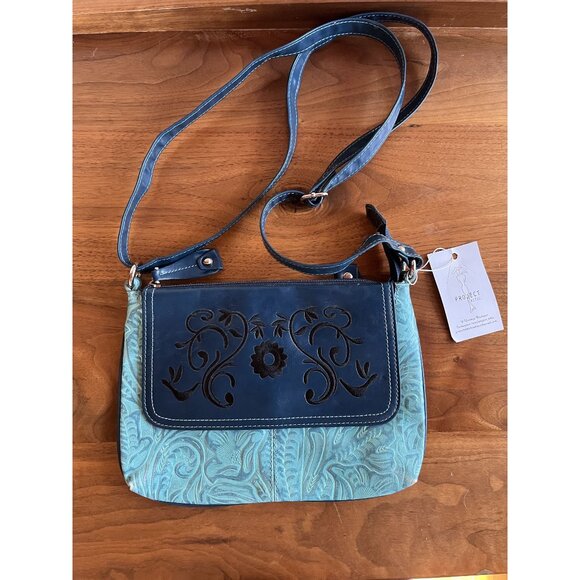 M.C. Vintage Bohemian Turquoise & Navy Tooled Leather Crossbody Bag With Floral - Picture 1 of 9